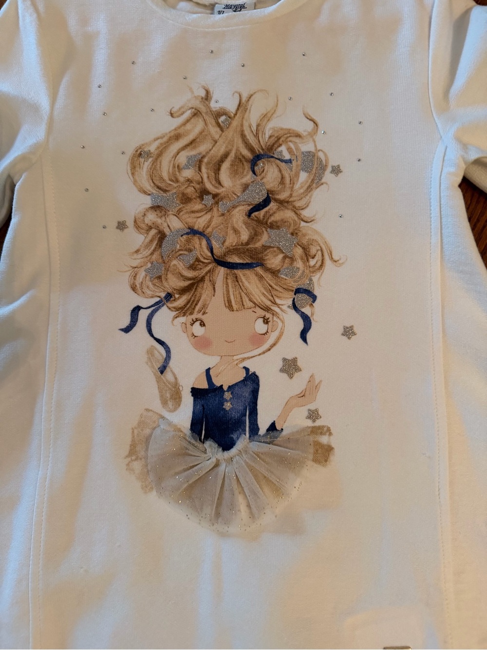 Mayoral White Top with Blue and Gold Ballerina Motif